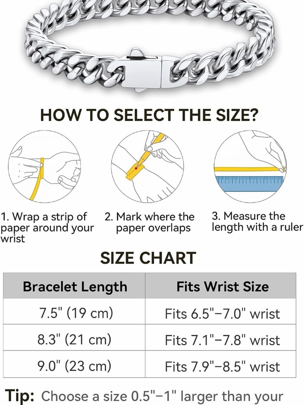 ChainsHouse Stainless Steel Cuban Link Chain Bracelet for Men 7mm - Picture 5 of 6